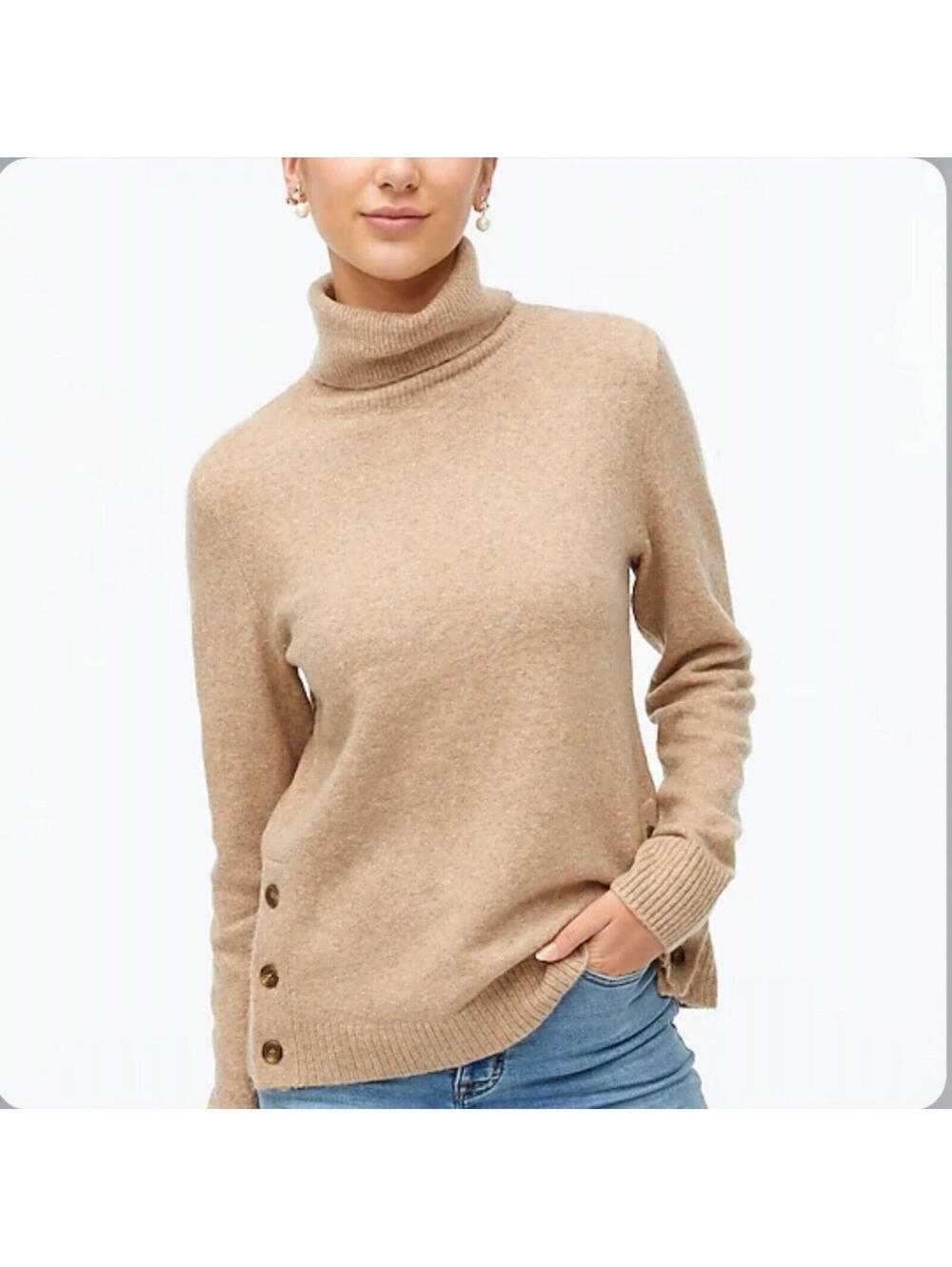 J Crew Tan Button Turtleneck Sweater in Extra Soft Yarn Size M NEW